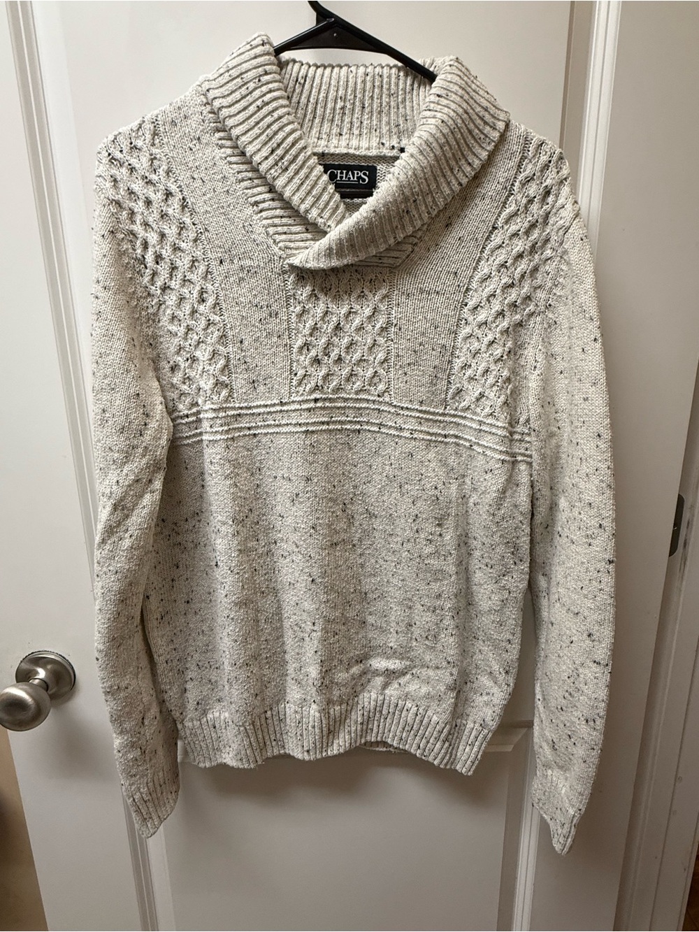 Chaps Men’s Oatmeal Speckled Shawl Collar Cable Knit Sweater Size M